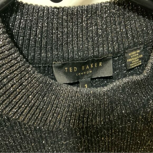 Ted Baker Addale Silver Metallic Black Rib Knit Sweater Ruffle SZ 1 /US 4 NWOT - Picture 6 of 9